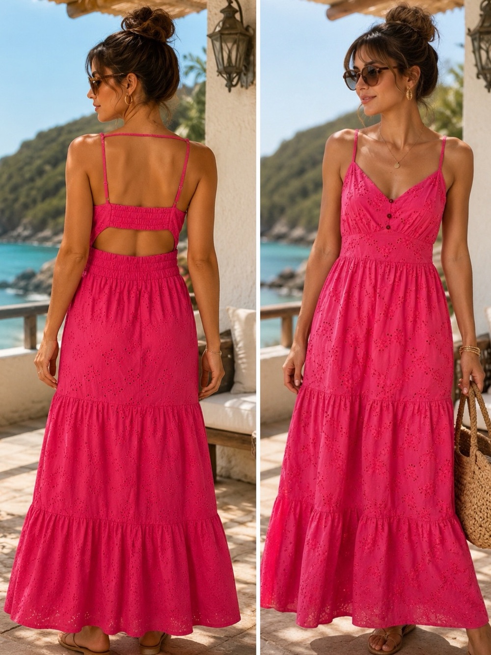 KOKO + MASON Cotton Hot Pink Cutout Tiered Eyelet Maxi Dress Smocked Back M NWT